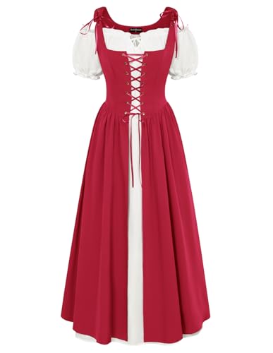 Damen Mittelalterliche Corsagenkleid A-Linie Schulterfrei mit Taschen Country Überkleid Rot M von SCARLET DARKNESS