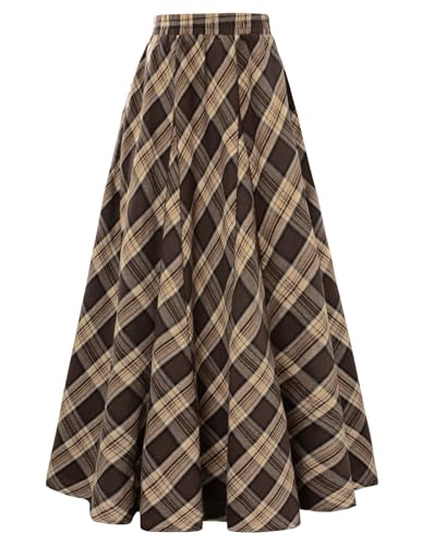 Damen Ren Faire Cottagecore Rock Herbst Winter A Linie Peasant Rock Aprikose Khaki Plaid XL von SCARLET DARKNESS