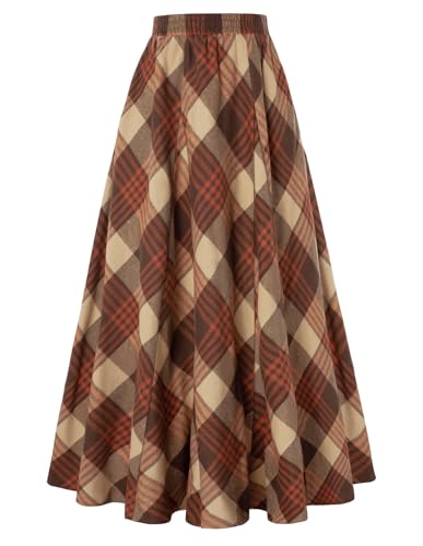 Damen Ren Faire Cottagecore Rock Herbst Winter A Linie Peasant Rock Aprikose Orange Plaid XL von SCARLET DARKNESS