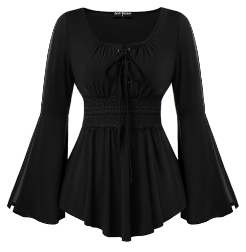 Damen Renaissance Bluse Gesmockt mit Spitze U-Ausschnitt Trachtenbluse mit Bändern Schwarz M von SCARLET DARKNESS
