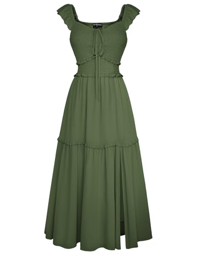 Damen Renaissance Chiffon Kleid Gesmockt mit Rüschen A-Linie Maxi Sommerkleid Olivgrün 2XL von SCARLET DARKNESS