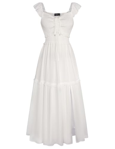 Damen Renaissance Chiffon Schlitzkleid Gesmockt mit Rüschen A-Linie Sommerkleid Elfenbein 2XL von SCARLET DARKNESS