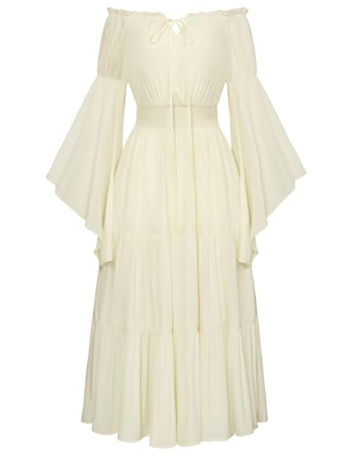 Damen Renaissance Corsagenkleid Schulterfrei mit Tasche Flowy Swing Ballkleid Aprikose M von SCARLET DARKNESS