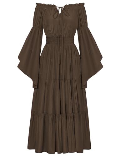 Damen Renaissance Corsagenkleid Schulterfrei mit Tasche Flowy Swing Ballkleid Dunkelbraun M von SCARLET DARKNESS