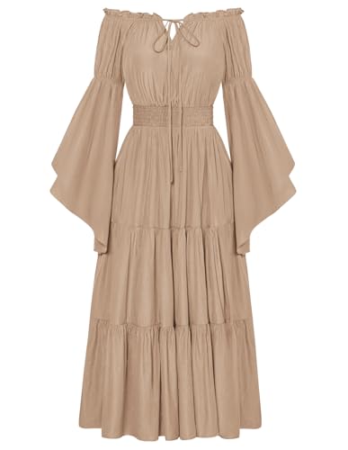 Damen Renaissance Corsagenkleid Schulterfrei mit Tasche Flowy Swing Ballkleid Khaki M von SCARLET DARKNESS