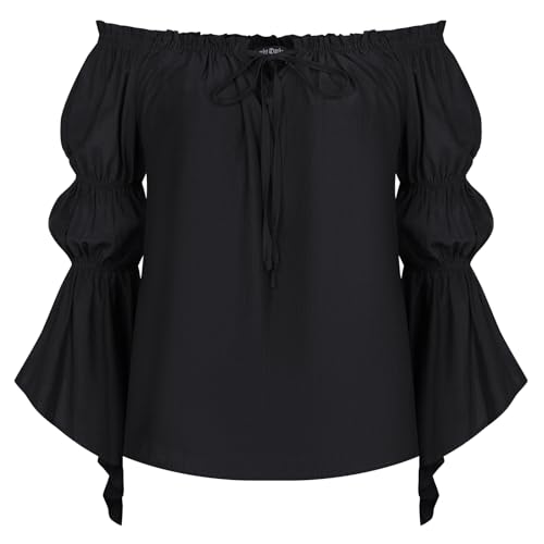 Damen Renaissance Dirndlbluse Schulterfreies Lotusärmel Einfarbig Peasant Shirt Schwarz L von SCARLET DARKNESS