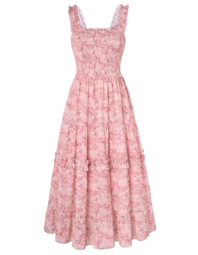 Damen Renaissance Kleid Gesmokt Midi Blumenkleid Spaghetti Träge Cottagecore Kleid Grau Rosa M von SCARLET DARKNESS