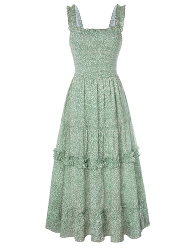 Damen Renaissance Kleid Gesmokt Midi Blumenkleid Spaghetti Träge Cottagecore Kleid Weiß Blumen Grün M von SCARLET DARKNESS