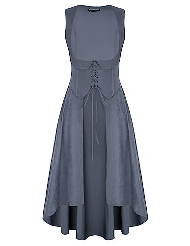 Damen Renaissance Kleid Lace-up vorne Ärmellos U-Ausschnitt A-Linie High-Low Festliches Westenkleid Graublau L von SCARLET DARKNESS