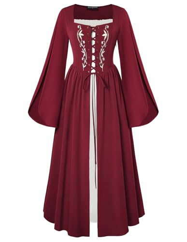 Damen Renaissance Kleid Lang Ärmel Gesmokte Hohe Taille Square Neck Cosplay Kleider Set Weinrot L von SCARLET DARKNESS