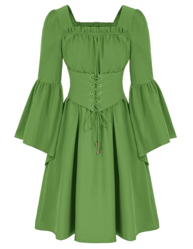 Damen Renaissance Kleid Trompetenärmel mit Gürtel Mittelalter A-Linie Sommer Kleid Grasgrün L von SCARLET DARKNESS