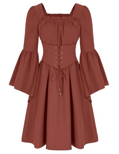 Damen Renaissance Kleider Trompetenärmel mit Gürtel A-Linie Mittelalter Kleid Ziegelrot L von SCARLET DARKNESS