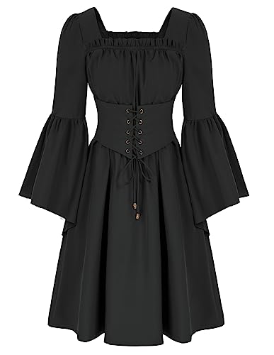 Damen Renaissance Kleider Trompetenärmel mit Gürtel Mittelalter A-Linie Kleid Schwarz L von SCARLET DARKNESS