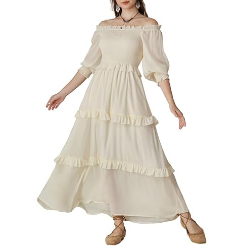 Damen Renaissance Maxikleid A-Linie Off-Shoulder mit Tasche Medieval Long Dress Aprikose L von SCARLET DARKNESS