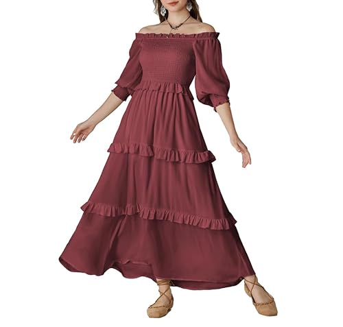 Damen Renaissance Maxikleid A-Linie Off-Shoulder mit Tasche Medieval Long Dress Bohnen Paste L von SCARLET DARKNESS