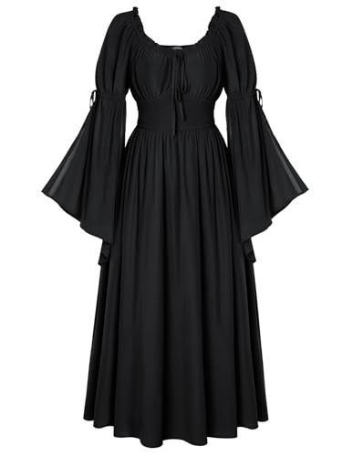 Damen Renaissance Piratenkleid Gesmokte Wasit Glockenärmel Kleider Elegant Lange Maxikleider Schwarz L von SCARLET DARKNESS