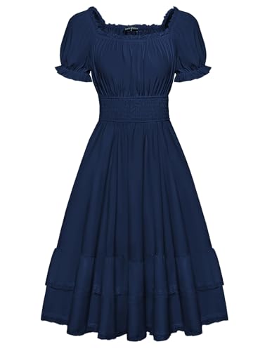 Damen Renaissance Spitzenkleid Schulterfrei Hohe Taille Festlich Milkmaid Kleid Dunkelblau XXL von SCARLET DARKNESS