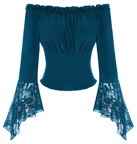 Damen Renaissance Tops Gesmokte Taille Schulterfrei Bluse Langarm mit Spitze Cosplay Oberteil Blaugrün S von SCARLET DARKNESS