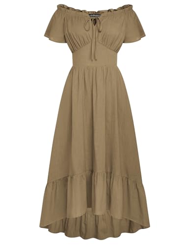 Damen Renaissance Trachtenkleid Off Shoulder mit Tasche A Linie Abendkleid Khaki L von SCARLET DARKNESS