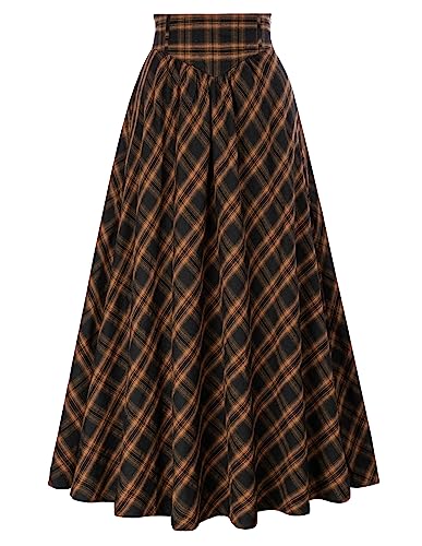 Damen Renaissance Trachtenrock Lace Up Elegant Cottagecore A Linie Rock Gelb Schwarz Plaid XXL von SCARLET DARKNESS