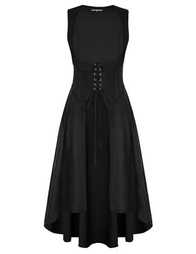 Damen Retro Kleid Ärmellos U-Ausschnitt Lace-up vorne A-Linie Korsett Casual Langes Westenkleid Schwarz S von SCARLET DARKNESS