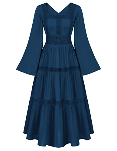 Damen Retro Kleid Square Neck Trompetenärmel Tiered Gesmokte Taille A-Linie Party Kleider Dunkelblau XXL von SCARLET DARKNESS