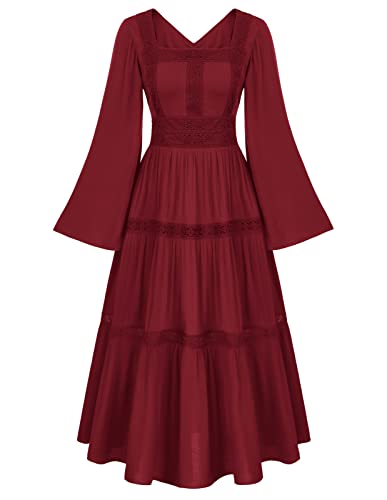 Damen Retro Kleid Square Neck Trompetenärmel Tiered Gesmokte Taille A-Linie Party Kleider Dunkelrot XXL von SCARLET DARKNESS