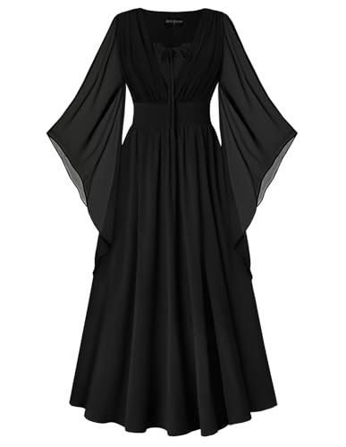 Damen Retro Kleid mit Schlitz Hohe Taille 3/4 Ärmel A-Linien Lace-up vorne Mittelalter Maxi Kleid Schwarz XL von SCARLET DARKNESS