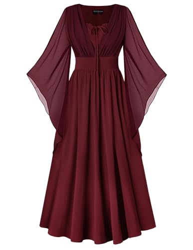 Damen Retro Kleid mit Schlitz Hohe Taille 3/4 Ärmel A-Linien Lace-up vorne Mittelalter Maxi Kleid Weinrot XL von SCARLET DARKNESS