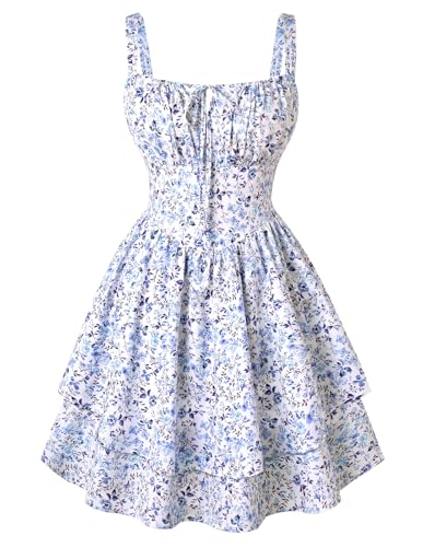 Damen Rockabilly Corsagenkleid A Linie Boho Flowy Swing Lolita Kleid Blau-Weiß Blumen XXL von SCARLET DARKNESS