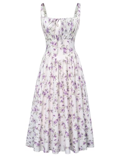 Damen Rockabilly Cottagecore Dress A-Linie Spaghetti Swing Rokoko Feenkleid Weiß-Violett Blumen XXL von SCARLET DARKNESS