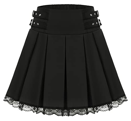 Damen Röcke Sommer Faltenrock Mini Rock Steampunk Schulmädchen-Stil 2XL Schwarz und Spitzenbesatz von SCARLET DARKNESS