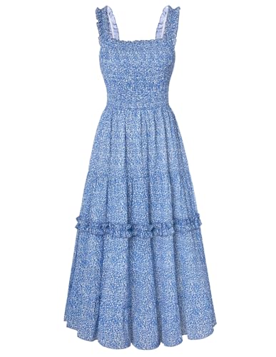 Damen Sommer Blumenkleid Spaghetti Träger Gesmokte Taille Lang Cocktailkleid Blau Weiß Blumen XXL von SCARLET DARKNESS