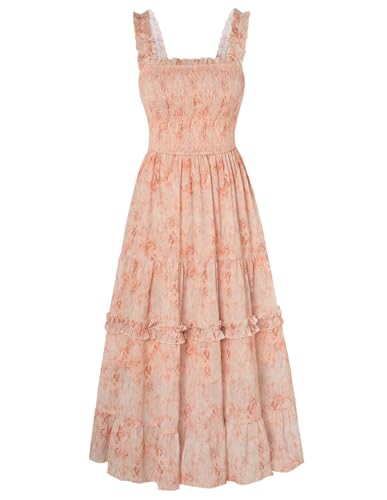 Damen Sommer Blumenkleid Spaghetti Träger Gesmokte Taille Lang Cocktailkleid Grau Orange XXL von SCARLET DARKNESS