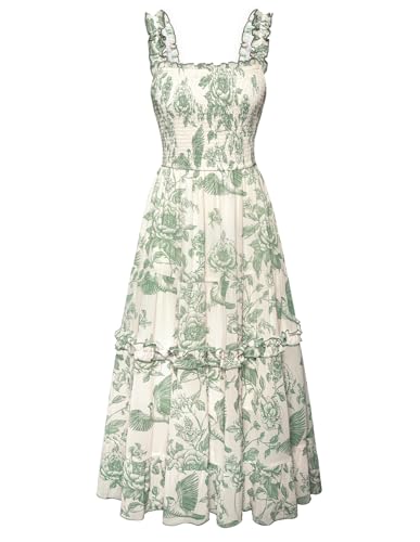 Damen Sommer Blumenkleid Spaghetti Träger Gesmokte Taille Lang Festlich Cocktailkleid Grün XXL von SCARLET DARKNESS