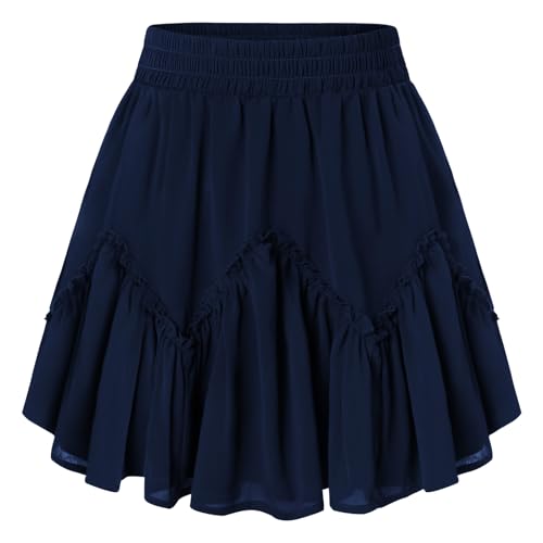 Damen Sommerrock Elastische Hohe Taille Kurz Röcke mit Rüschen Chiffon Rockabilly Mini Rock Dunkelblau L von SCARLET DARKNESS