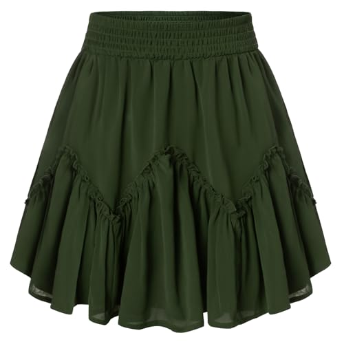 Damen Sommerrock Elastische Hohe Taille Kurz Röcke mit Rüschen Chiffon Vintage Mini Rock Olivgrün L von SCARLET DARKNESS