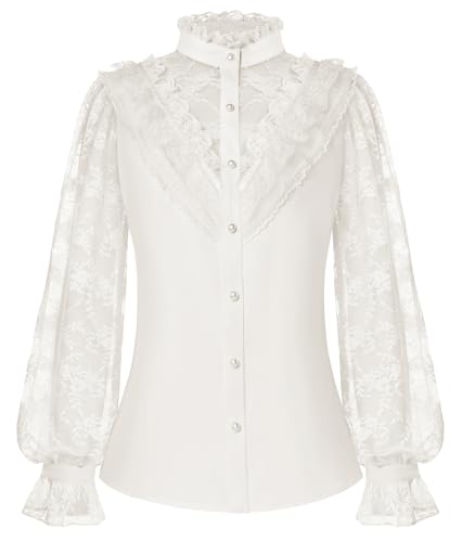 Damen Spitzenshirt Stehkragen Mittelalter mit Rüschen Langarm Shirt für Party Spitzenhemd Weiß L von SCARLET DARKNESS