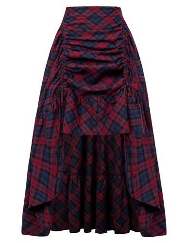 Damen Steampunk Pirat Rock mit Rüschen Hohe Taille Mittelalter Maxirock Weihnachtsrot Kariert M von SCARLET DARKNESS