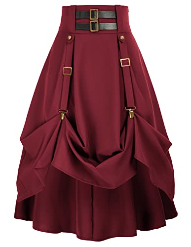 Damen Steampunk Rock Elegant Weinrot A-Linie Röcke Festlich Mit Schnalle und Riemen Plisseerock XL von SCARLET DARKNESS