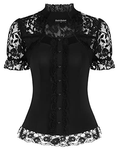 Damen Steampunk Spitzen Shirt Kurzarm Renaissance Spitzenshirt für Party Schwarz XL von SCARLET DARKNESS