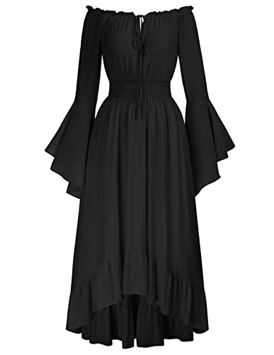 Damen Cottagecore Dress Mittelalter Vintage Trompetenärmel Hohe Taille Elfen Kostüm Schwarz S von SCARLET DARKNESS