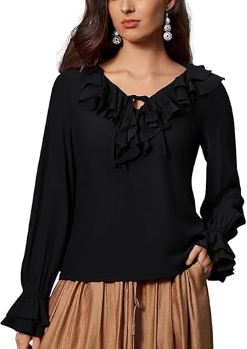 Damen Viktorianische Bluse Lang Puffärmel V-Neck mit RüschenTops Mittelalter Oberteil Schwarz L von SCARLET DARKNESS