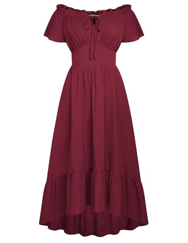 Damen Viktorianische Rockabilly Kleid Frühling Gesmokt Taille Elfen Kostüm Rotwein XL von SCARLET DARKNESS