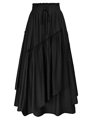 Damen Viktorianische Röcke Elastische Taille mit Kordelzug Maxirock Renaissance A-Linie Faltenrock XXL Schwarz von SCARLET DARKNESS