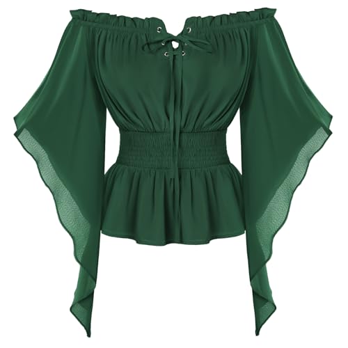Damen Viktorianische Rüschenbluse Elegant Schulterfrei Lace Up Langarmshirt Grün L von SCARLET DARKNESS