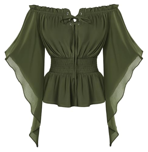 Damen Viktorianische Rüschenbluse Elegant Schulterfrei Lace Up Langarmshirt Hellgrün L von SCARLET DARKNESS