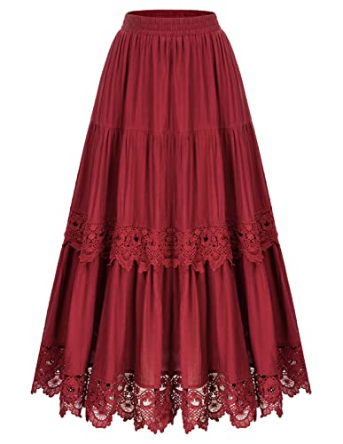 Damen Viktorianischer Rock Gestufter Spitzensaum Elastische Taille Renaissance Lange Röcke Rotwein L von SCARLET DARKNESS