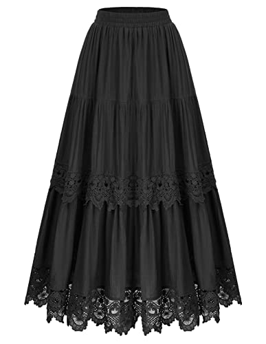 Damen Viktorianischer Rock Rüschen Patchwork Elastische Taille Gestufter Retro Maxi Röcke Schwarz S von SCARLET DARKNESS