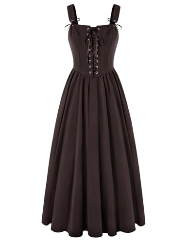 Damen Viktorianisches A-Linie Rockabilly Kleider mit Schnürung Quadratischer Hals Elegant Kleider Maxi Kleid Braun XL von SCARLET DARKNESS